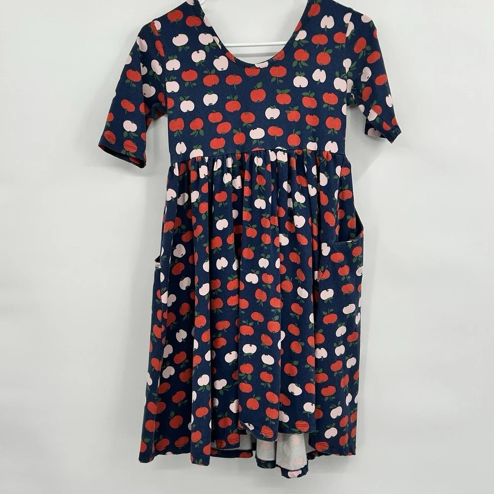 Hanna Andersson Twill Apple Print Skater Dress Size 12 150 cm Pockets Navy BLue